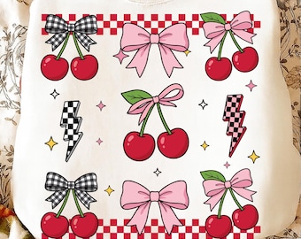 Cerezas coquetas para San Valentín PNG / Diseño de camiseta retro para San Valentín / Descarga digital preppy y moderna para el Día de San Valentín