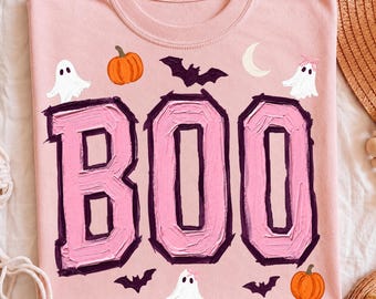 Boo morado pintado con efecto falso para Halloween PNG / Fantasma coqueto y espeluznante con leopardo / Diseño moderno de Halloween otoñal / Calabaza PNG