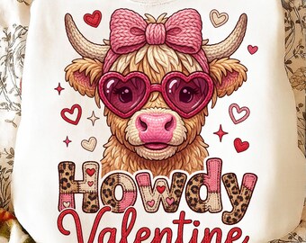 Hola, vaca de las Tierras Altas de San Valentín con hilo sintético PNG / Diseño retro de vaca amorosa / Sublimación de San Valentín de animales de granja de semitono occidental