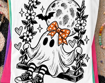 Vintage Ghost Girl PNG SVG, Girly Fall Shirt, Halloween Ghost, Orange Bow Spooky Season Design, halloween Ghost Doodle