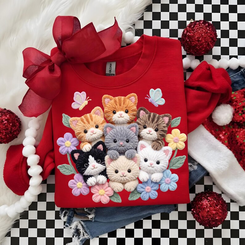 Pu&ograve; includere: Una felpa rossa con un disegno ricamato di sette gattini circondati da fiori e farfalle. La felpa ha un girocollo e maniche lunghe. Sono visibili anche un grande fiocco rosso e un cappello da Babbo Natale.