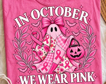 In October We Wear Pink PNG, Breast Cancer Awareness PNG, Retro Breast Cancer PNG, Halloween Pink Ghost Png