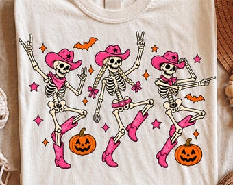 Cowboy Skeletons PNG | Western Halloween Sublimation | Pink Cowgirl Skeleton Trio | Country Skeleton Crew Design
