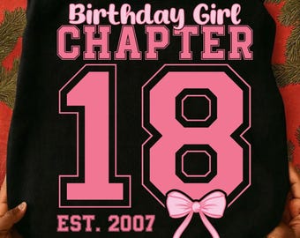 18e verjaardag meisje PNG SVG, roze strik hoofdstuk 18 ontwerp, schattig coquette verjaardagsshirt afbeelding, meisjes 18e verjaardagsfeestje T-shirt