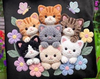 Lindo gatito gráfico PNG / Diseño de ganchillo con hilo sintético para amantes de los gatos / Descarga digital retro floral cottagecore