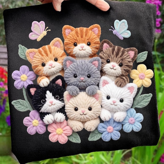 Cute Kitten Graphic PNG | Faux Yarn Crochet Cat Lover Design | Retro Floral Cottagecore Digital Download