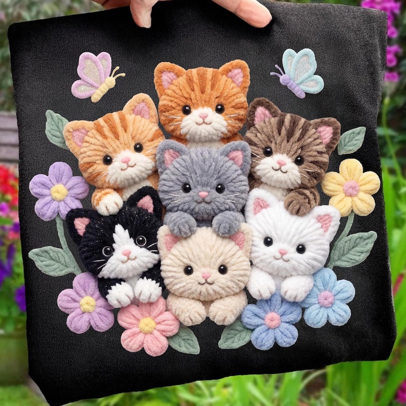 Pu&ograve; includere: Borsa tote nera con un design di sette gattini di peluche di vari colori, circondati da fiori e farfalle. I gattini sono arancioni, grigi, bianchi e neri e bianchi. La borsa &egrave; tenuta da una mano.