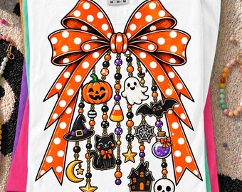 Retro Halloween Charms Bow Polka Dots PNG, Halloween Bat PNG, Trendy Halloween Doodles, Ghost PNG, Bow Charm Png