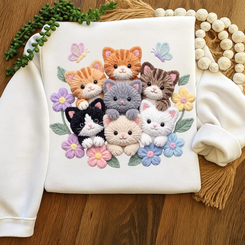 Pu&ograve; includere: Felpa bianca con un design ricamato di sette adorabili gattini in vari colori, circondati da fiori e farfalle. I gattini includono gatti tabby arancioni, grigi, bianchi e neri e color crema. Il design &egrave; centrato sulla parte anteriore della felpa.
