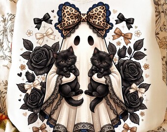 Preppy Ghost Coquette PNG, Cute Ghost with Bow Design, Girly Halloween Black Cat Graphic, Fall Coquette Sublimation, Digital Download