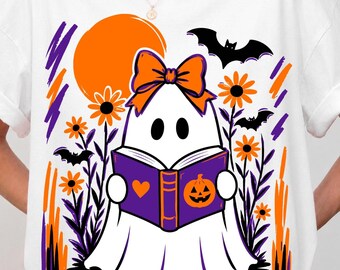 Spooky Ghost Reading Books Halloween Shirt PNG, Book Lover Ghost Design, Cute Reading Ghost Graphic, Fall Bookish Sublimation