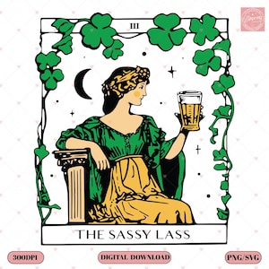 Carta de Tarô The Sassy Lass PNG | Dia de São Patrício Engraçado PNG | Camiseta Irlandesa | Camiseta da Sorte | Camiseta Shamrock | Carta de Tarô | Presente do Dia de São Patrício