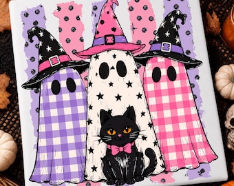 Striped Preppy Halloween Ghost Cat PNG, Coquette Ghost Bow PNG, Cute Black Cat Ghost Design, Girly Fall Halloween Sublimation