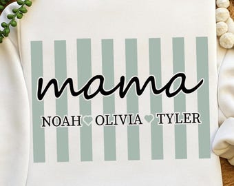 SVG PNG personalizado para mamá, diseño personalizado de rayas para mamá con nombres de niños, lindo gráfico de regalo para el Día de la Madre.