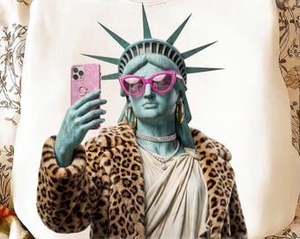 Statue of Liberty PNG, Fashion Selfie Style Design, Leopard Print Glam Lady Liberty Graphic, Funny Patriotic Coquette USA Shirt Design
