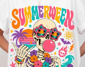 Summerween Skeleton PNG, Colorful Skull Bubblegum Design, Spooky Cute Summer Shirt Graphic, Halloween Sublimation Download