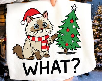 Gato gracioso navideño "¿Qué?" PNG SVG / Diseño de árbol de Navidad derribado / Lindo archivo de sublimación y corte para amantes de los gatos navideños