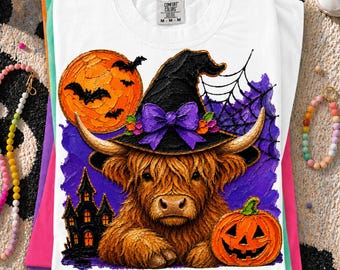 Highland Cow Halloween PNG, Impasto Highland Cow Illustration, Cute Spooky Cow Ghost Design, Autumn Sublimation Digital Download