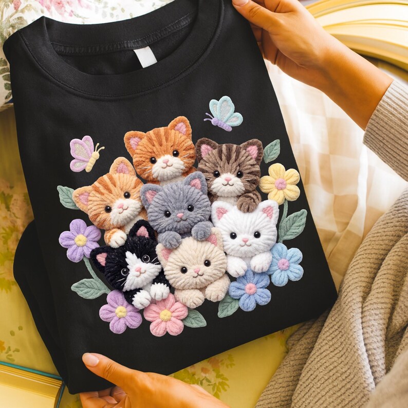 Pu&ograve; includere: Felpa nera con un design ricamato colorato raffigurante diversi gattini circondati da fiori e farfalle. I gattini sono di vari colori, tra cui arancione, grigio e bianco. I fiori sono in tonalit&agrave; di rosa, blu e giallo.