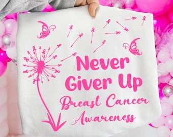 Dandelion Breast Cancer PNG SVG | Never Give Up Pink Ribbon Design | Breast Cancer Fighter & Awareness Month Sublimation