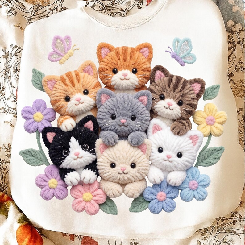 Pu&ograve; includere: Felpa bianca con un design 3D di sette adorabili gattini in vari colori, circondati da fiori e farfalle. I gattini includono arancione, grigio, nero e bianco. Un design affascinante e stravagante.