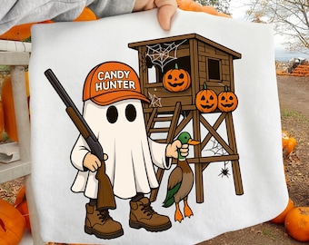 Candy Hunter PNG | Camo Ghost Boys Halloween Design | Camouflage Pumpkin Shirt PNG | Fall Candy Hunter Sublimation for Boys