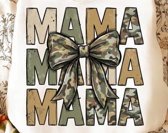 Camo Mama PNG, Diseño Preppy Coquette Mama, Gráfico Leopard Bow Military Mom