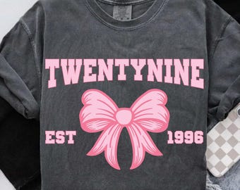 Coquette Bow Negenentwintig verjaardag PNG SVG | Sublimatieontwerp 29e verjaardag | Gesch. jaar Digitale download | Shirtontwerp girly verjaardagsfeestje