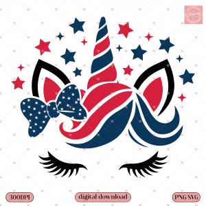 Unicorno patriottico SVG PNG / Unicorno del 4 luglio / Rosso Bianco Blu / Bandiera americana / Fiocco del giorno dell'indipendenza degli Stati Uniti