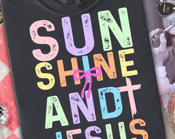 Sunshine and Jesus PNG SVG, Pink Yellow Preppy Stripes Coquette Bow Design, Christian Summer Beach Lake Shirt Graphic