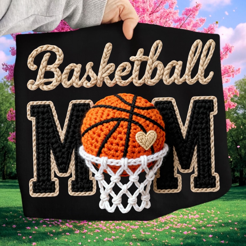 May include: Black sign with the words "Basketball Mom" in a cream-colored, rope-like font. A crocheted basketball sits above the letter "M", with a heart detail. The basketball is orange and black, with a white net.