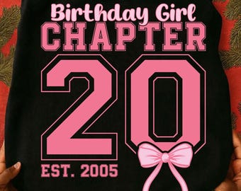 20e verjaardag meisje PNG SVG, roze strik hoofdstuk 20 ontwerp, schattig coquette verjaardagsshirt afbeelding, T-shirt meisjes 20e verjaardagsfeestje