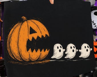 ハロウィンコスチューム PNG SVG | トレンディなカボチャが幽霊を追いかける PNG | 面白いブーイングゴーストシャツのデザイン | 不気味な秋の雰囲気