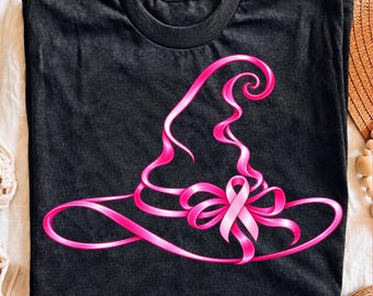 Breast Cancer Awareness Witch Hat PNG | Pink Ribbon Halloween Design | Breast Cancer Survivor Gift | October Awareness Tee