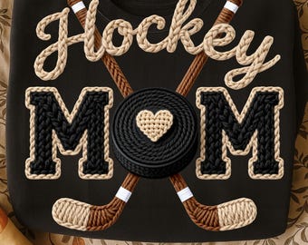 Maman hockey en faux fil PNG | Conception de sublimation de sport au crochet | Palet tricoté réaliste et bâtons | Cosy Mom Life Téléchargement numérique