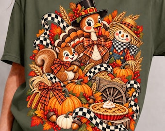 PNG rétro Thanksgiving, collage vintage Thanksgiving, motif automnal à carreaux avec dinde, épouvantail et citrouille, sublimation sur le thème de la récolte