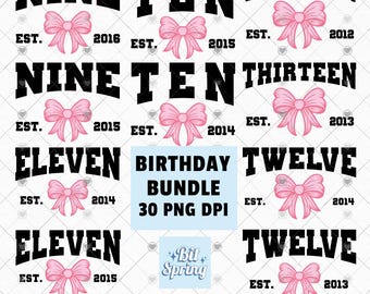 Kokette Schleife Geburtstag Bundle PNG | 9., 10., 11., 12., und 13.Geburtstag | Ästhetisches Geburtstagskind Design | Digitaler Download