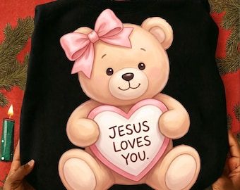 Osito de peluche de San Valentín PNG / Jesús me ama Diseño cristiano de San Valentín / Descarga digital preppy girly