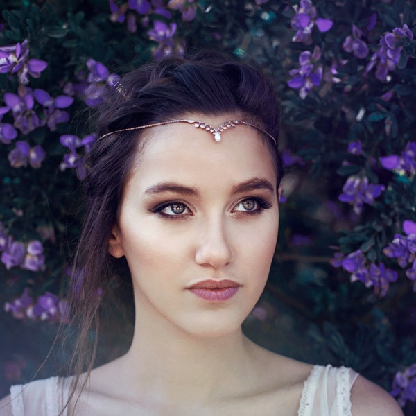 Chaîne de cheveux de muguet, accessoires de cheveux de mariée elfiques, couronne de cristal, bandeau d'elfe, bijoux du seigneur des anneaux, fée bohème Burning Man