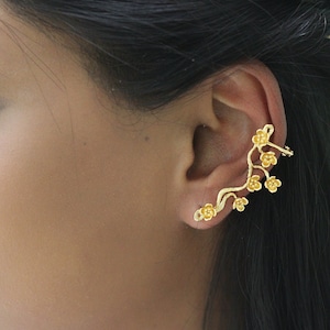 Sakura Cherry Blossom Floral Ear Cuff Earring Gold Plated  Ear Climber Huggie Ancient Greek Jewelry Boho Chic Bohemian Floral Bridal jewel