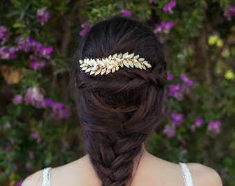 Preorder * Leonora Bridal Hair Comb, Pearls, Grecian Leaves Gold Plated Bridal Hair Accessoried Wedding Comb, Goddess Hair Accessories