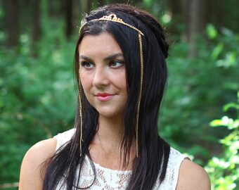 Preorder * Crystals Chains Princess Tiara Crown Headband Gold Boho Bridal Hair Accessory Wedding Wreath Grecian Head Piece Roman Bridal