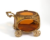 Vintage Carriage Ormolu Gold Filigree Jewelry Box,Rare Antique Victorian Bronze Jewelry Box Amber Beveled Glass Carriage Casket Jewelry Box
