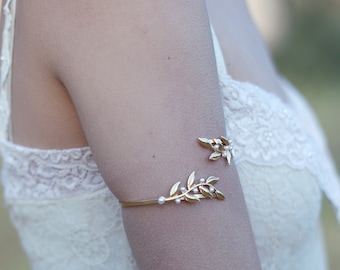 Twigs & Pearls Arm Bracelet, Arm Band, Arm Cuff, Arm Bracelet, Gold leaves Wire Wrap Bracelet, Bridal Jewelry, Wedding Bracelet, Greek Style