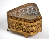 Vintage Ormolu Gold Filigree Jewelry Box, Beveled Glass Matson Vitrine Jewelry Casket, Trinket Box, Antique Victorian Bronze Jewelry Box
