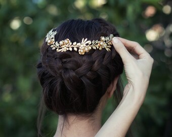 Long Eva Delicate Flower Wreath, Floral Gold Tiara, Boho Bridal Hair Accessory, Wedding Crown, Goddess Hair Piece, Dainty Floral Flower Girl