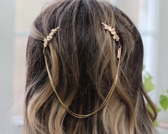 Bloom bouquet Hair Chain Boho Leaves Pearls Hair Chain Bridal Hair Accessory Chain Wreath Forehead Band Wedding Hair Jewelry