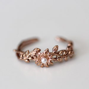 Fairy Garden Ring Size 6 Floral Leaves Gold Crystal Ring, Rose Gold Laurel Wreath Leaf Ring, Pearl Leaves Ring Flower Rings Fairy Jewelry