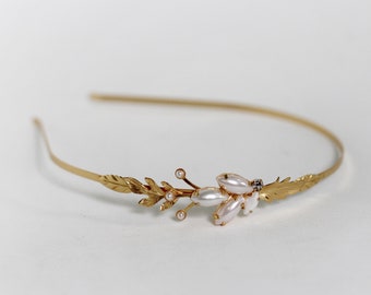Preorder * Dawn Pearl Headband Gold Leaf Headpiece Pearls Bridal Hairpiece Bridal Hair Accessories, Wedding Tiara Rose Gold Leaves Wreath