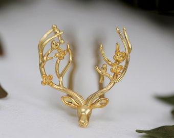 Floral Antlers Deer Head Hair Prong Gold Animal Clip, Functional Boho Hair Jewelry Hair Accessory Unique Hair Fork, Nature Inspired Hair Pin